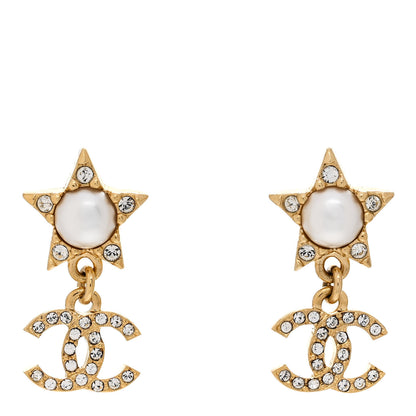 Chanel Crystal Pearl CC Star Drop Earrings Gold 1 of 5