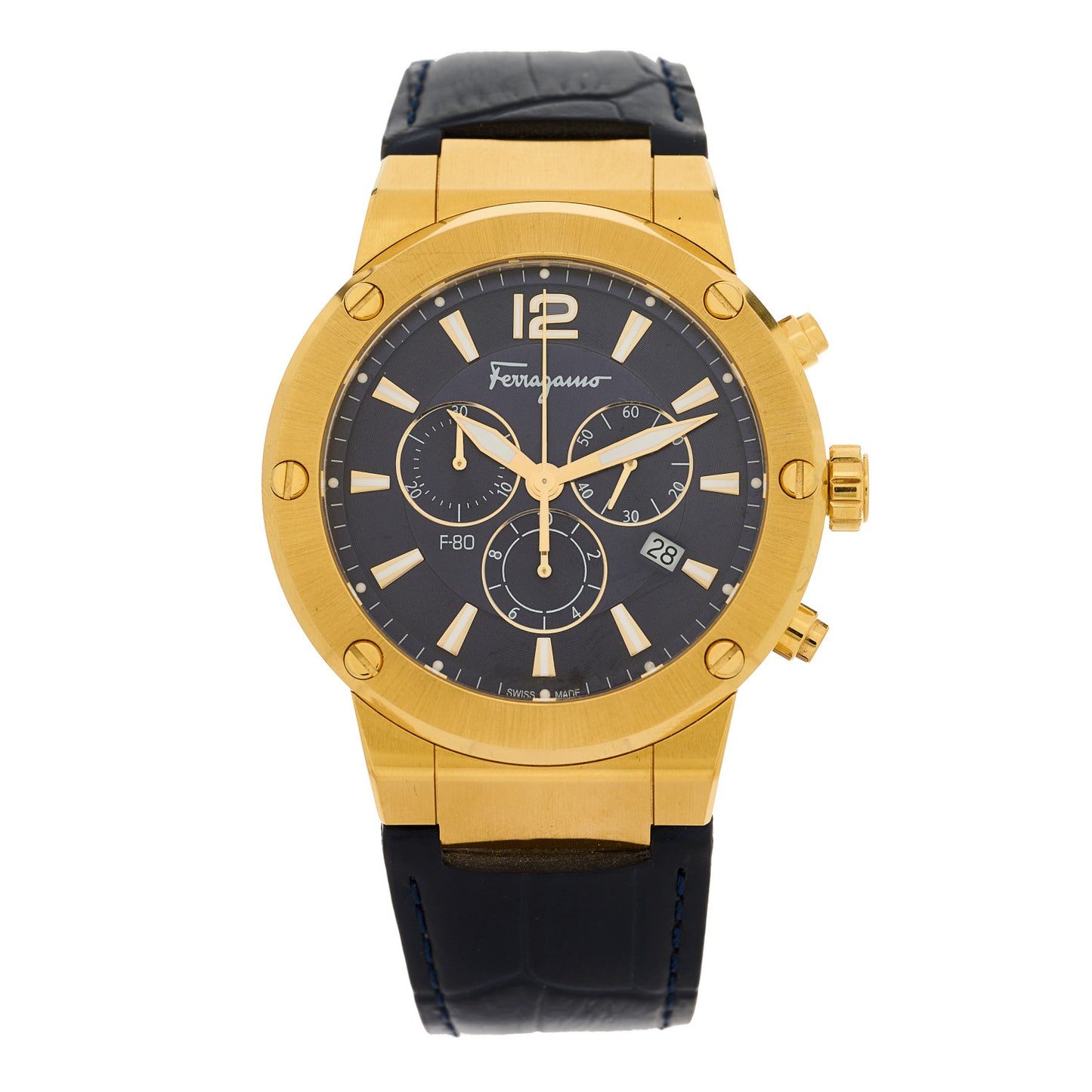 Stainless Steel Alligator 44mm Chronograph Quartz Watch Blue F-80