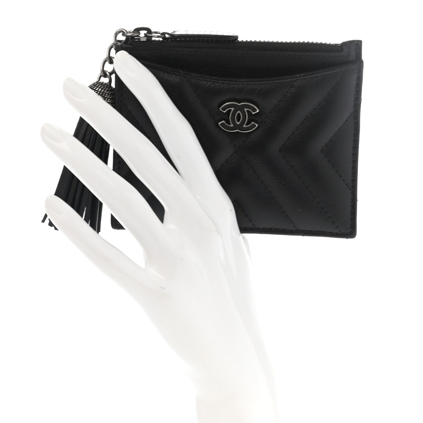 Calfskin Chevron Quilted Tassel Zip Card Holder Black