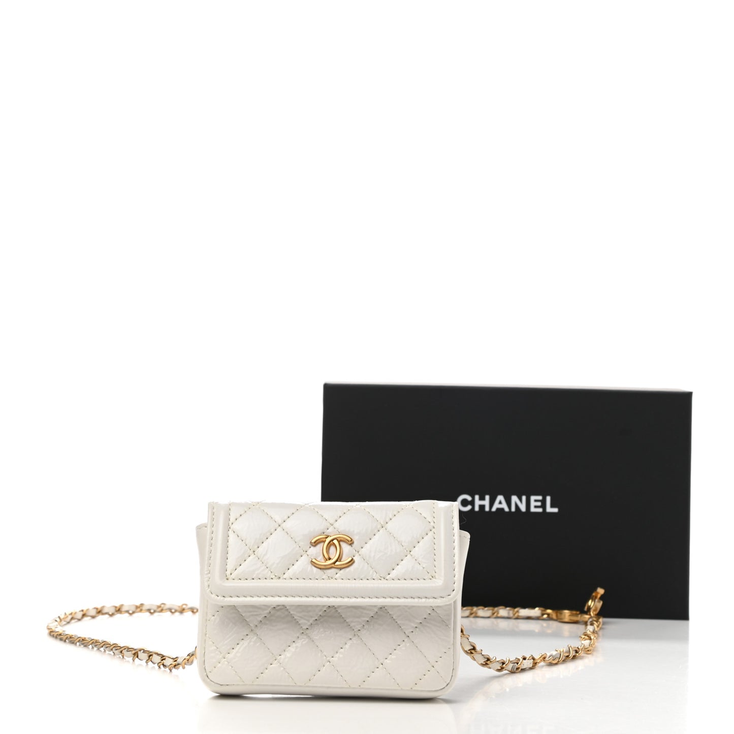 Shiny Aged Calfskin Quilted Waist Belt Bag White