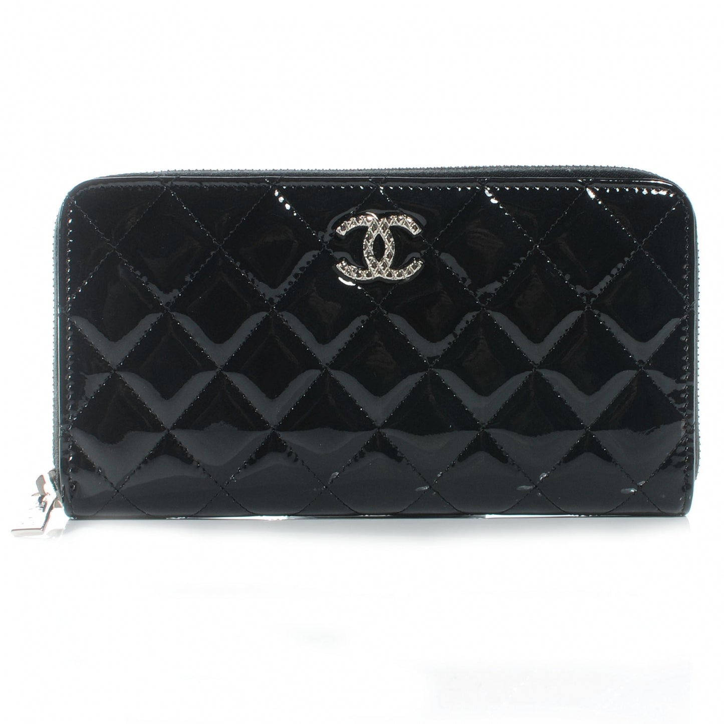 Patent Quilted Large Zip Around Wallet Black