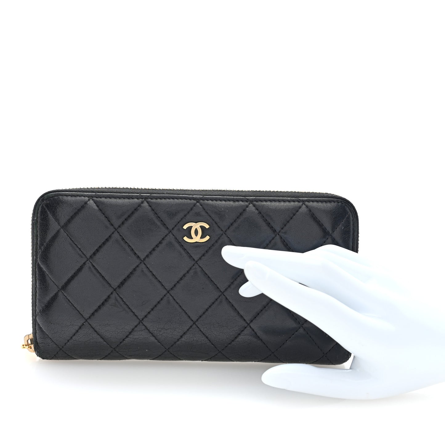 Lambskin Quilted Large Gusset Zip Around Wallet Black