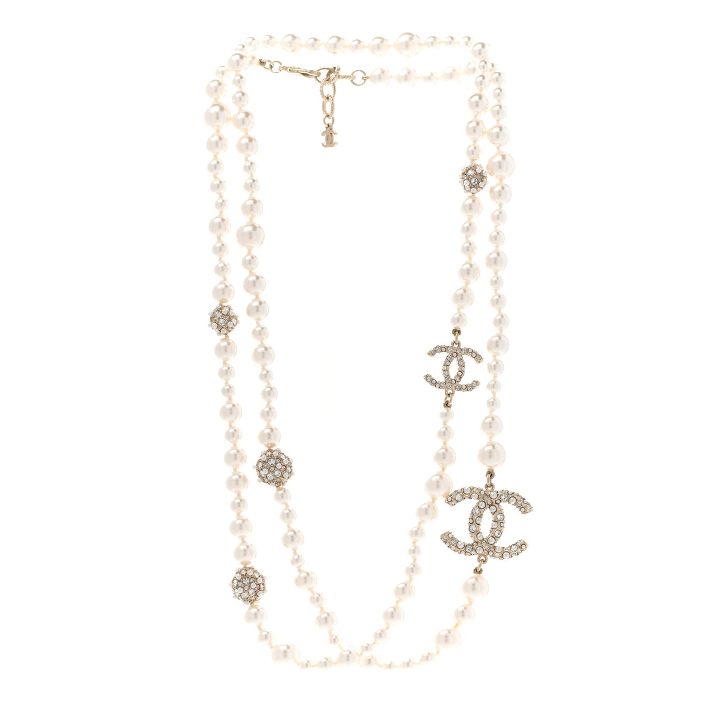 Pearl Crystal CC Cluster Long Necklace Gold