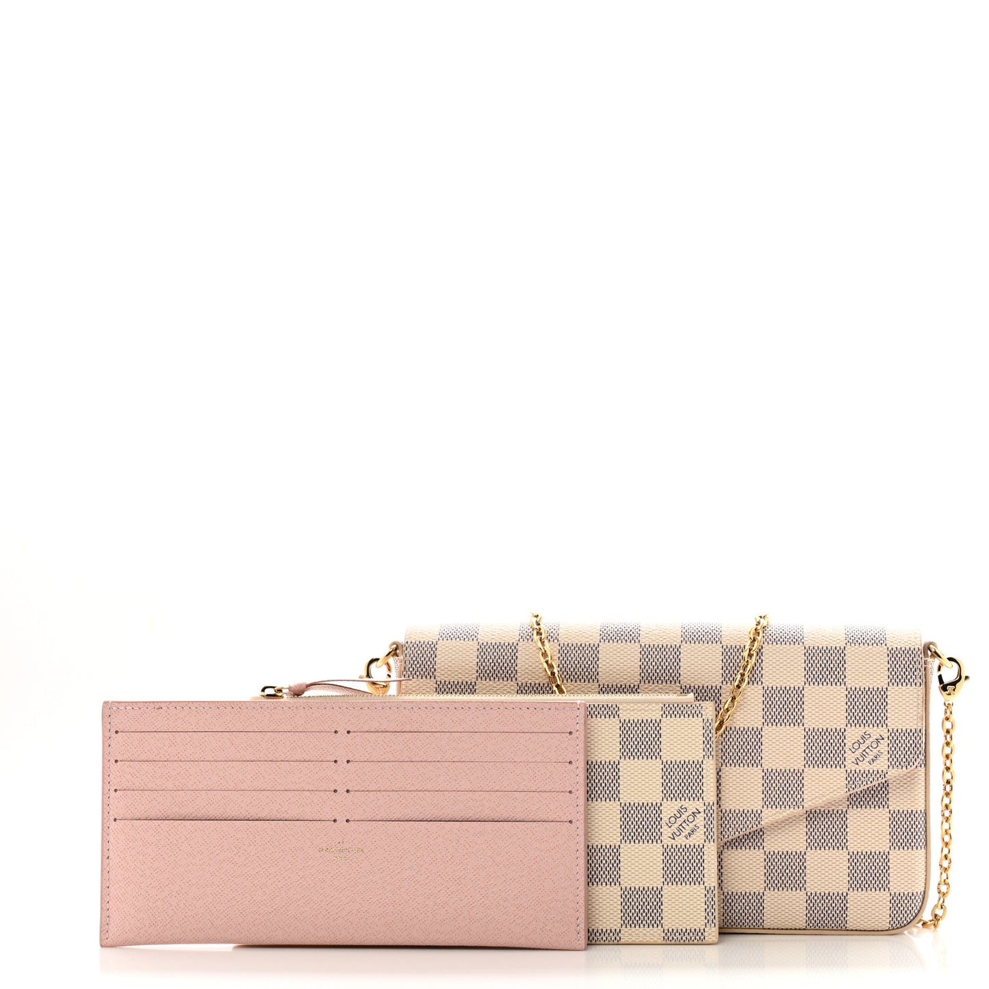 Damier Azur Pochette Felicie Chain Wallet Rose Ballerine