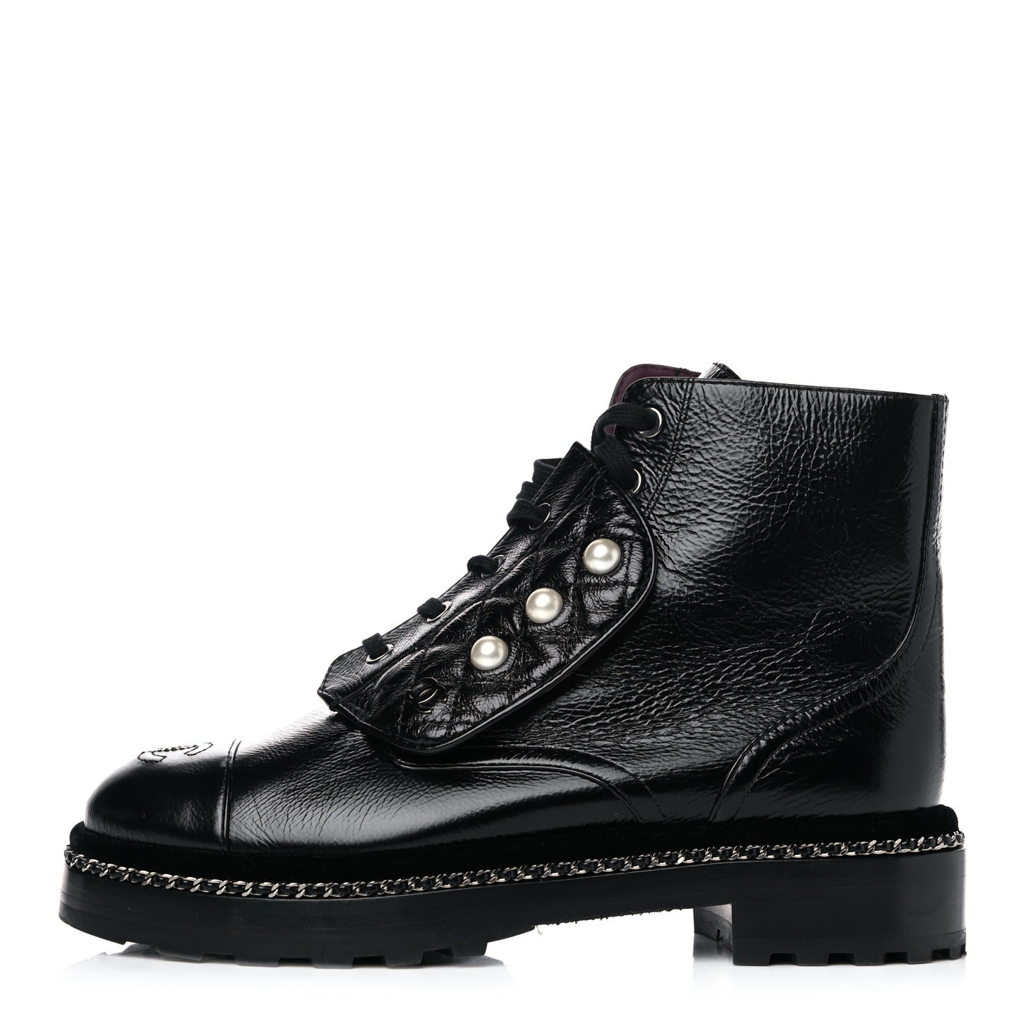 Crackled Calfskin Velvet Pearl Combat Short Boots 38 Black