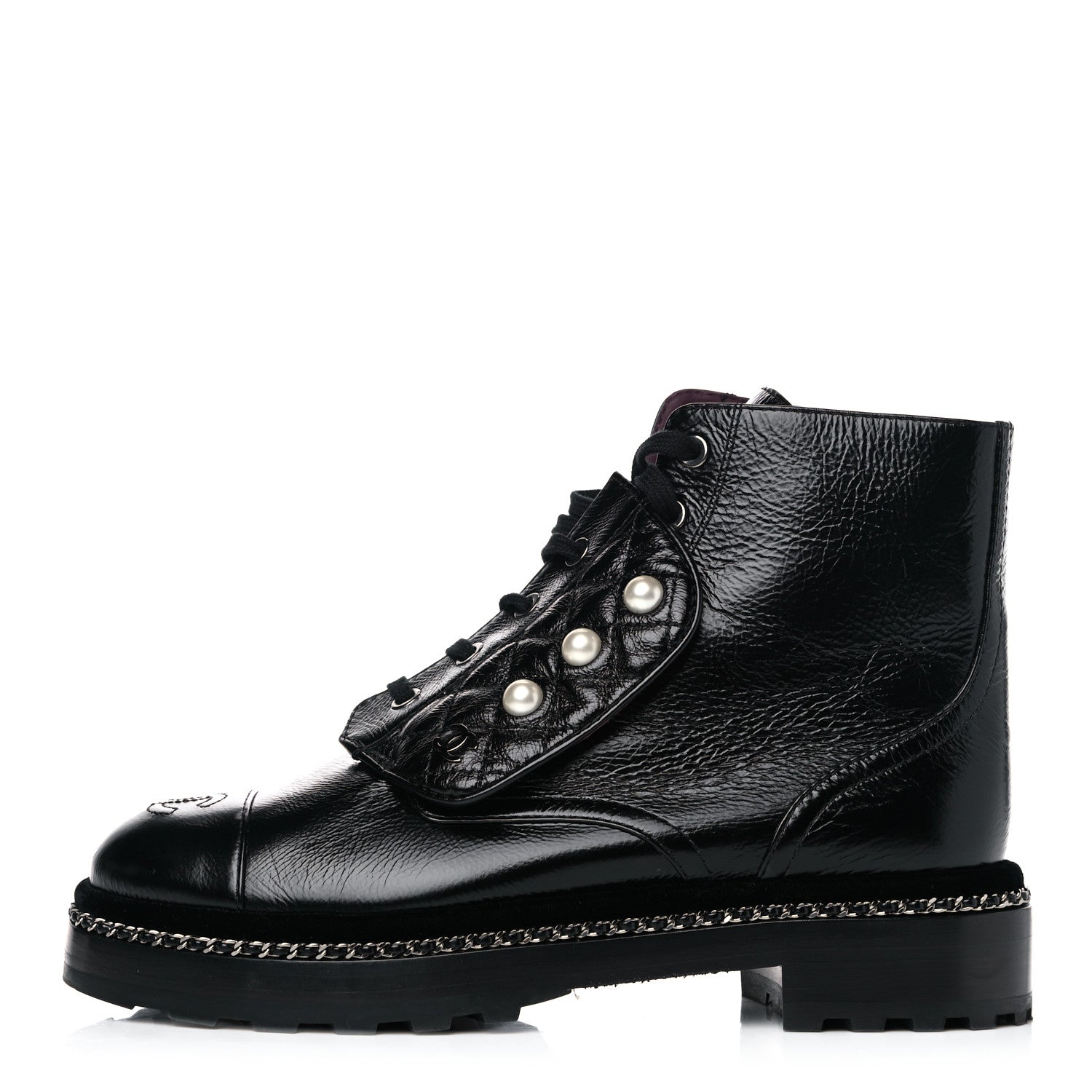 Chanel Crackled Calfskin Velvet Pearl Combat Short Boots 38 Black 1 of 14