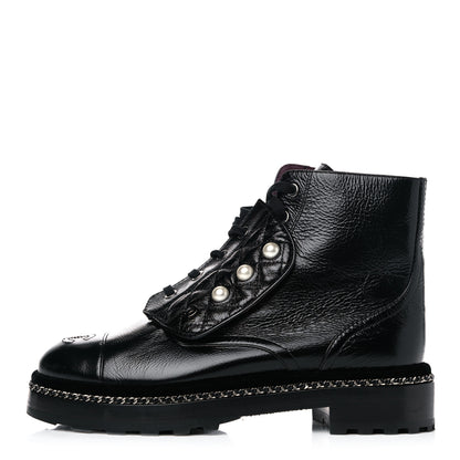 Chanel Crackled Calfskin Velvet Pearl Combat Short Boots 38 Black 1 of 14