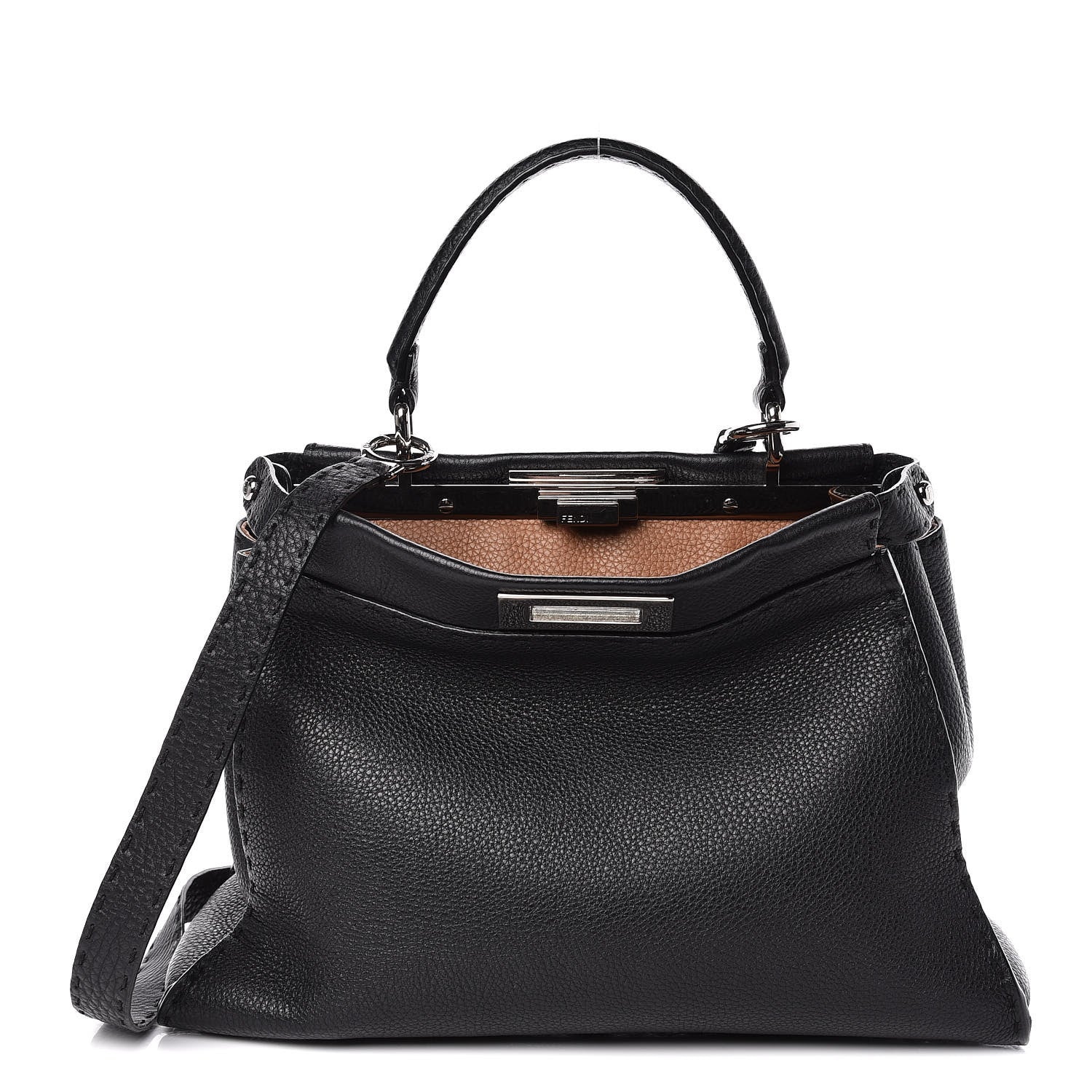 Fendi Cuoio Romano Selleria Bi-Color Medium Peekaboo Iconic Satchel Black Mou 1 of 13