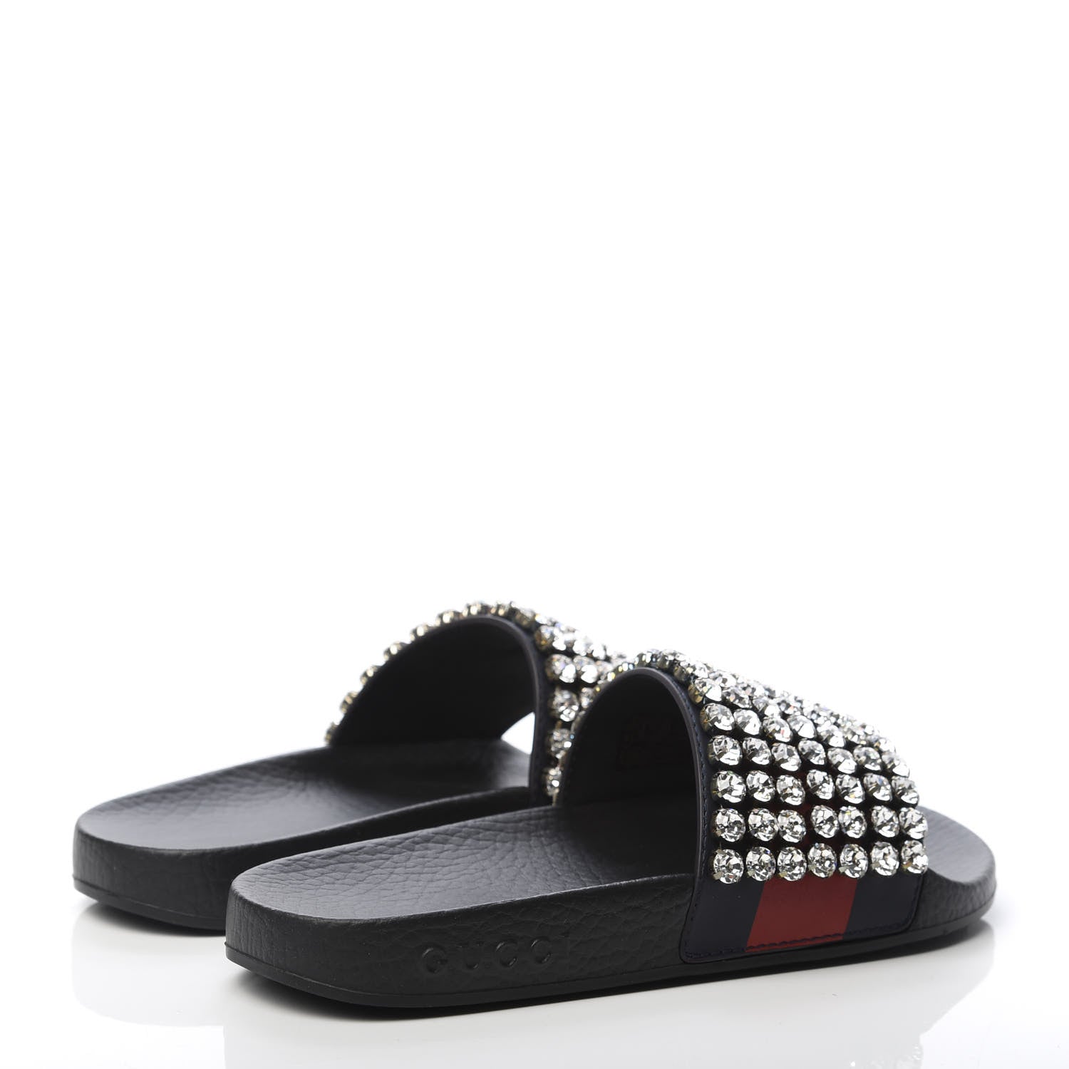 Gucci Calfskin Crystal Embellished Web Slide Sandals 35 Blue Red 4 of 8