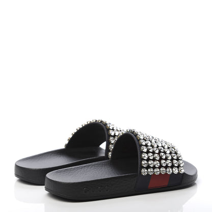 Gucci Calfskin Crystal Embellished Web Slide Sandals 35 Blue Red 4 of 8
