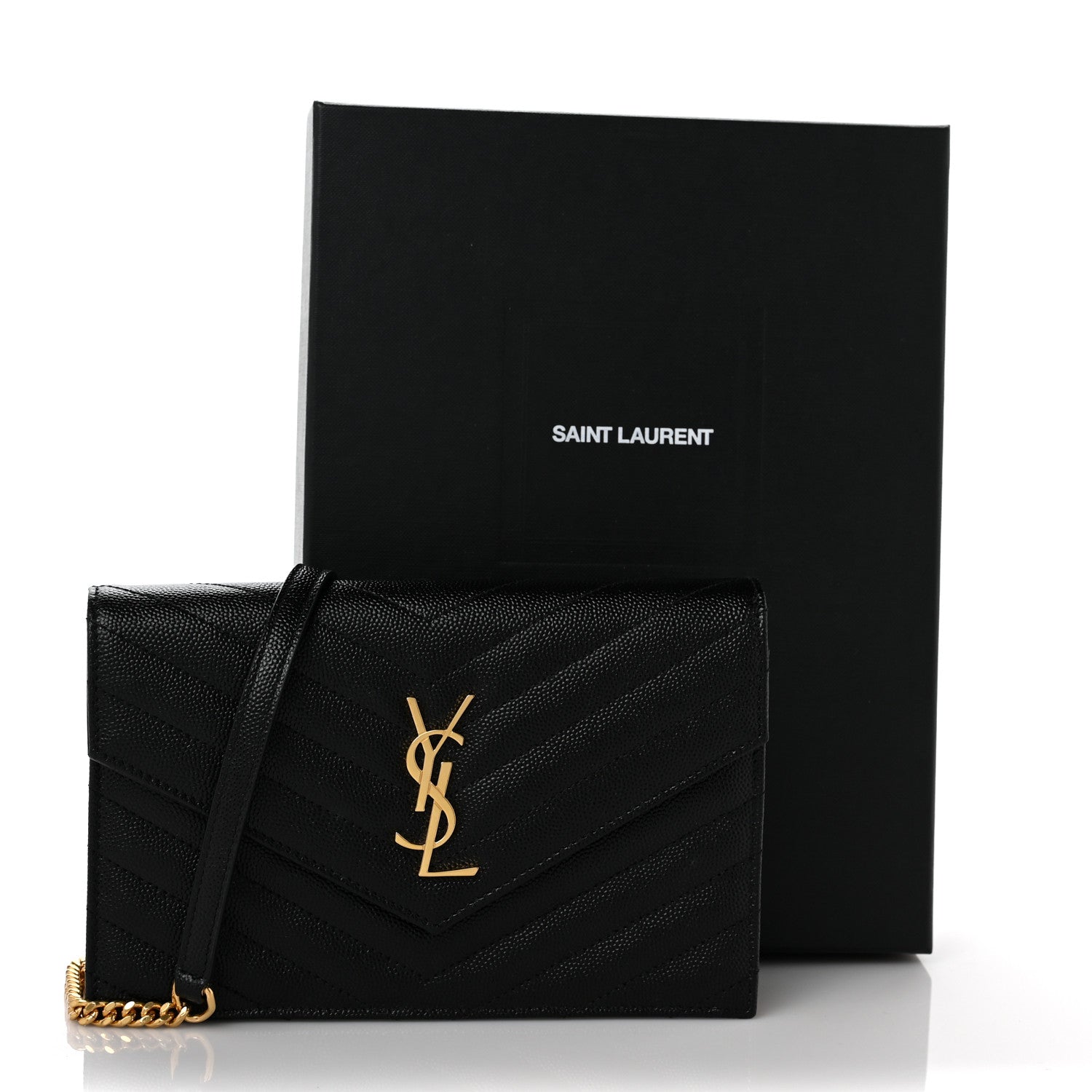 Saint Laurent Grain De Poudre Matelasse Chevron Monogram Envelope Chain Wallet Black 9 of 9