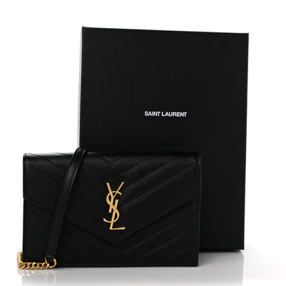 Saint Laurent Grain De Poudre Matelasse Chevron Monogram Envelope Chain Wallet Black 9 of 9