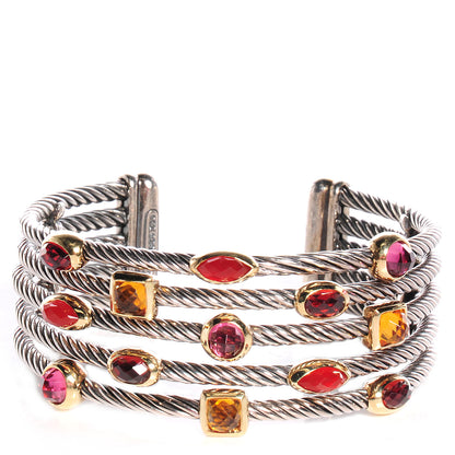 David Yurman Sterling Silver 18K Yellow Gold Garnet Pink Tourmaline Citrine Carnelian Confetti Five Row Cuff Bracelet 1 of 5