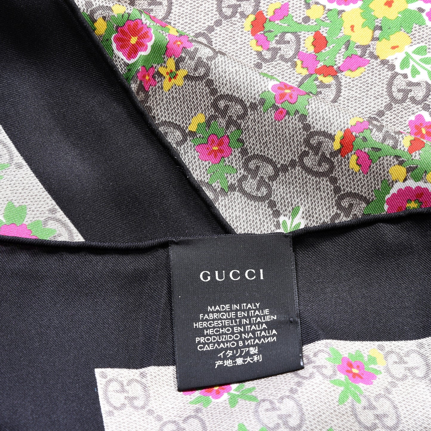 Silk Monogram Floral Web Square Scarf Black Multicolor