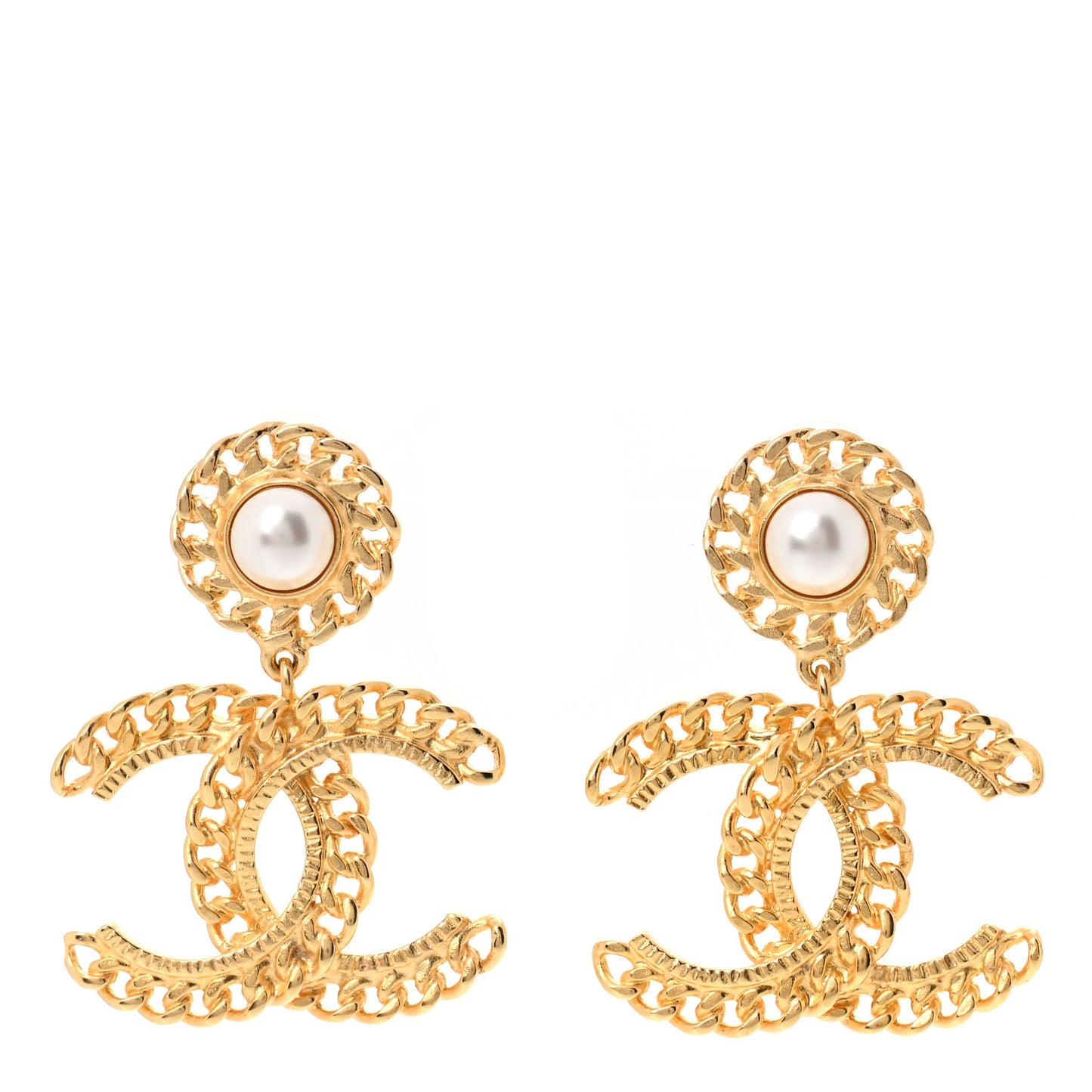 Metal Pearl CC Chain Drop Earrings Gold