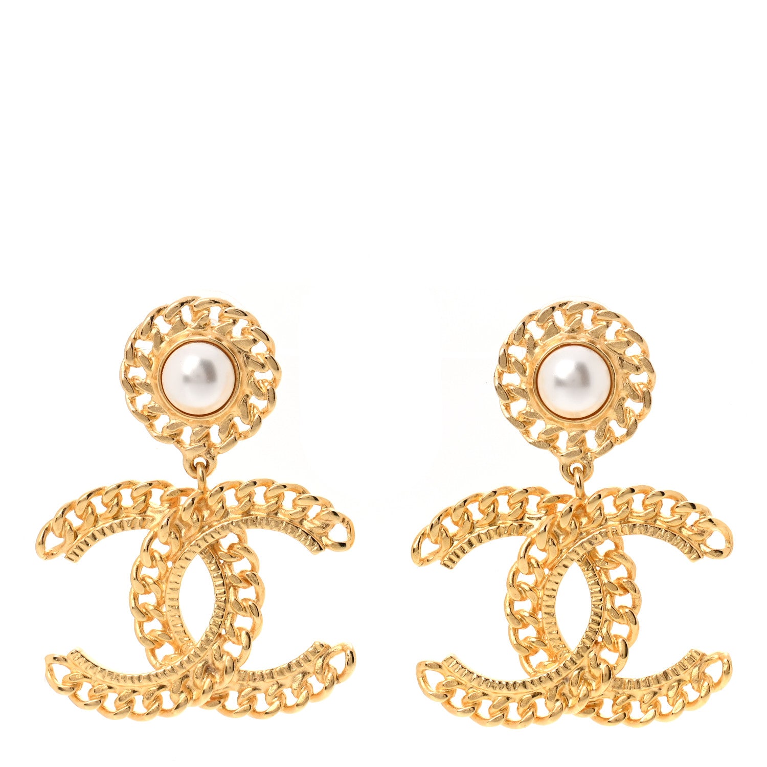 Chanel Metal Pearl CC Chain Drop Earrings Gold 1 of 5