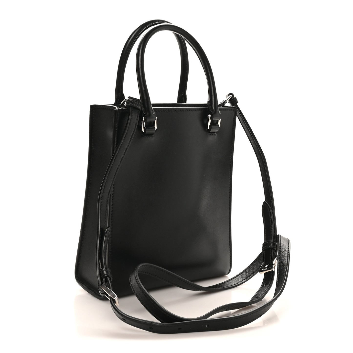 Soft Calfskin Triangle Logo Embossed Small Double Handle Crossbody Tote Black
