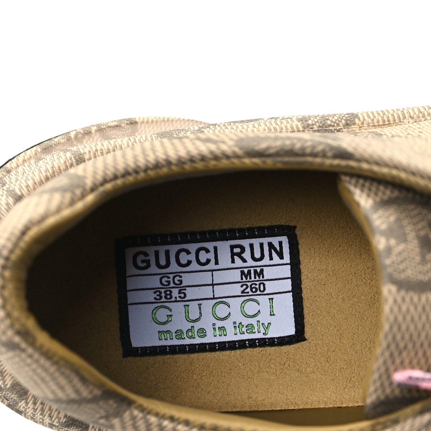 Ultralight Plume Calfskin Monogram Printed Womens Gucci Run Sneakers 38.5 Beige Ebony