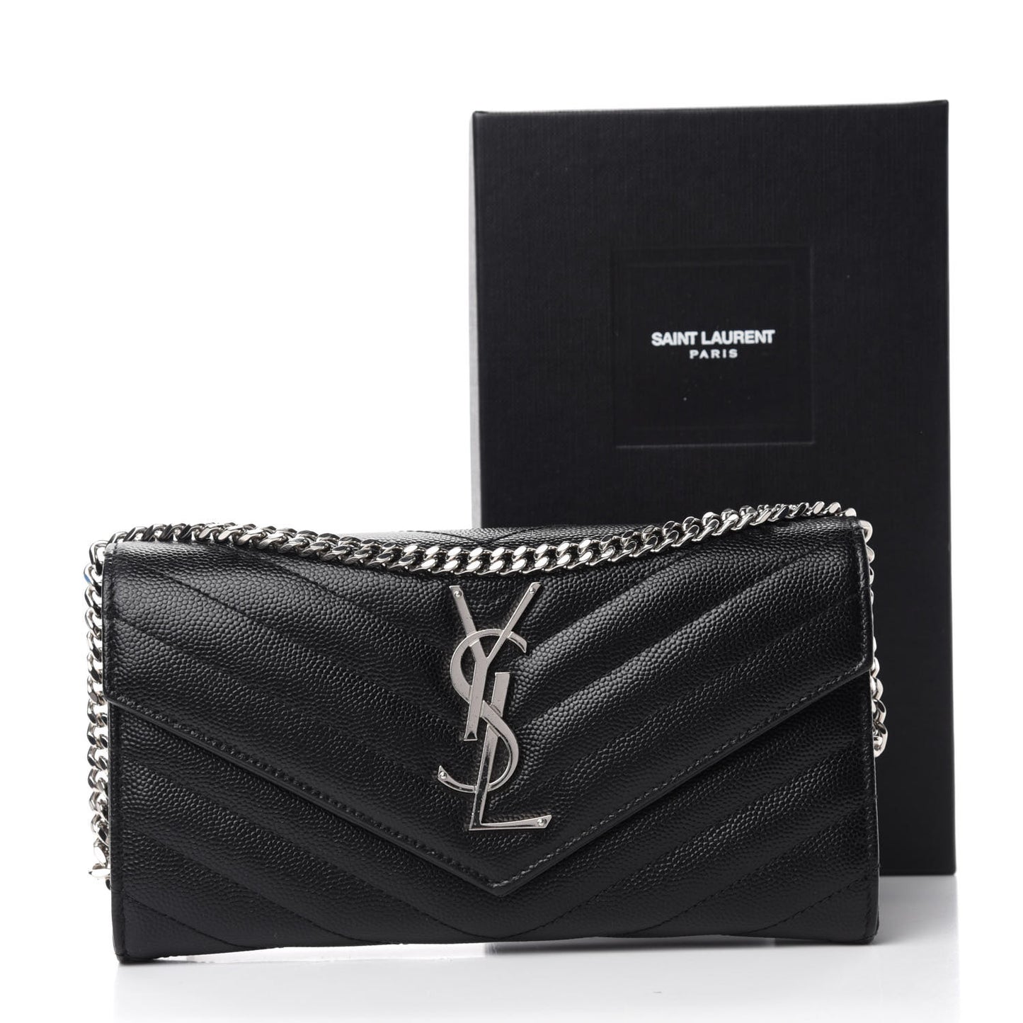 Grain De Poudre Matelasse Chevron Small Monogram Chain Wallet Black