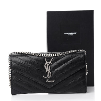 Saint Laurent Grain De Poudre Matelasse Chevron Small Monogram Chain Wallet Black 12 of 12
