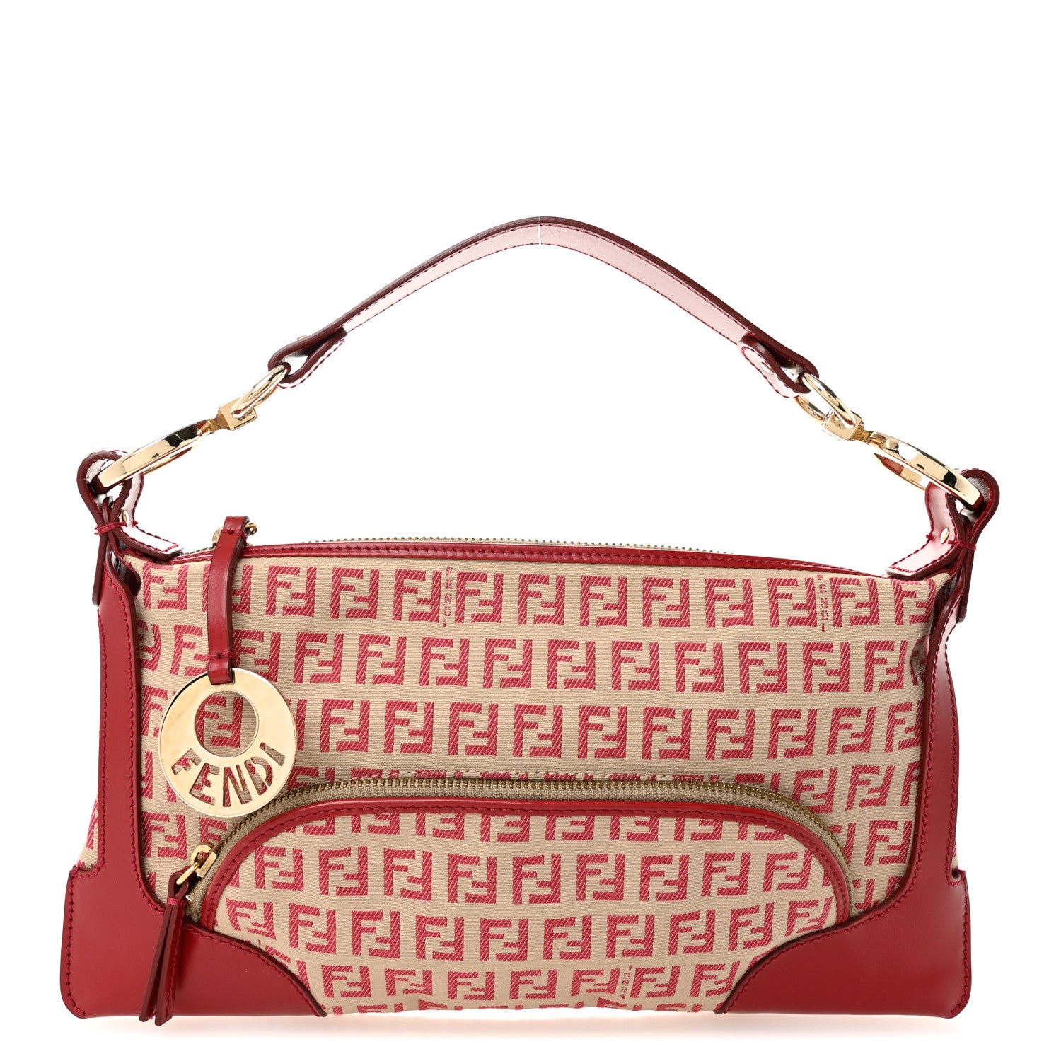 Fendi Zucchino Cuoio Small Chef Pocket Shoulder Bag Mogano Panna Rosso 1 of 11