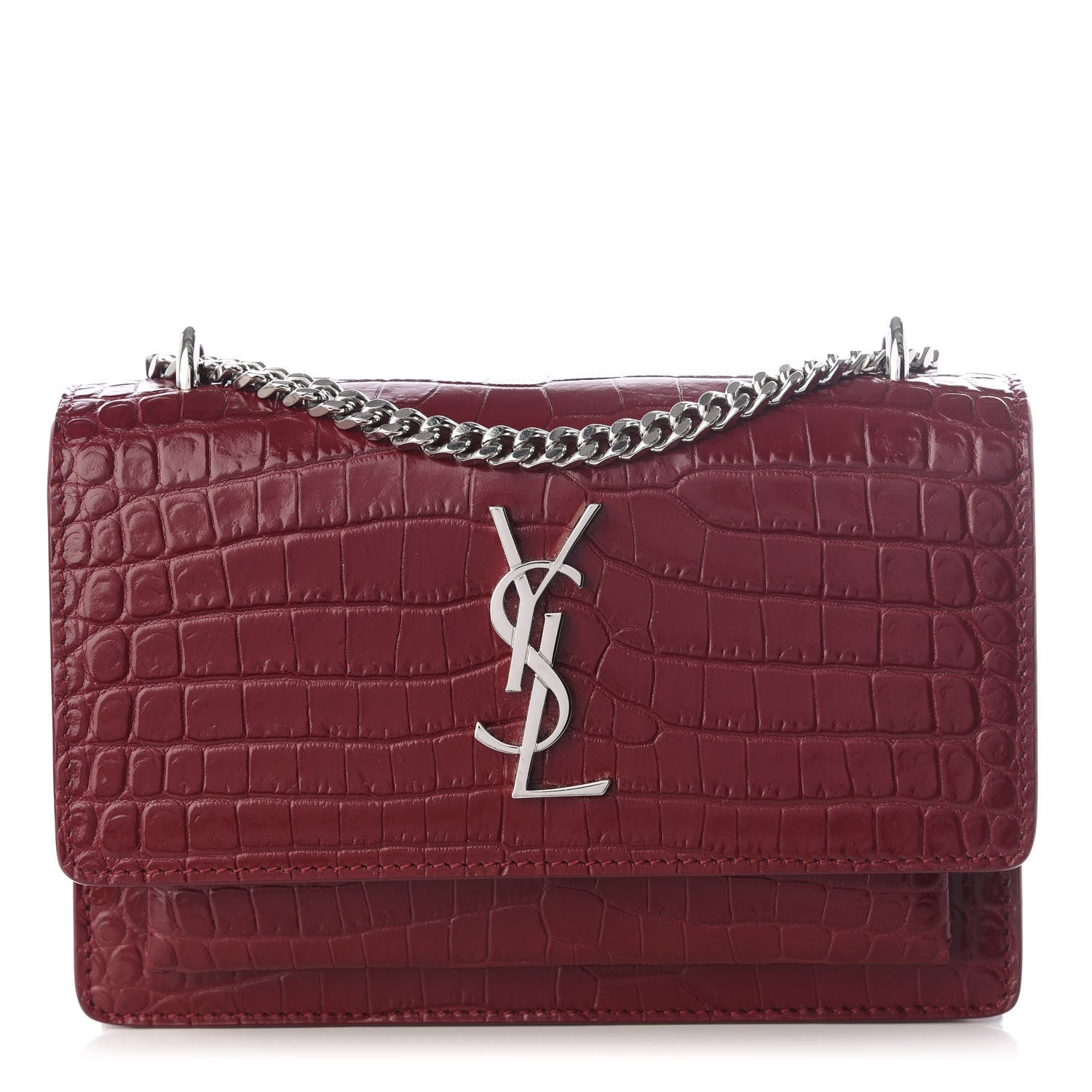 Saint Laurent Calfskin Crocodile Embossed Monogram Sunset Chain Wallet Palissandre 1 of 9