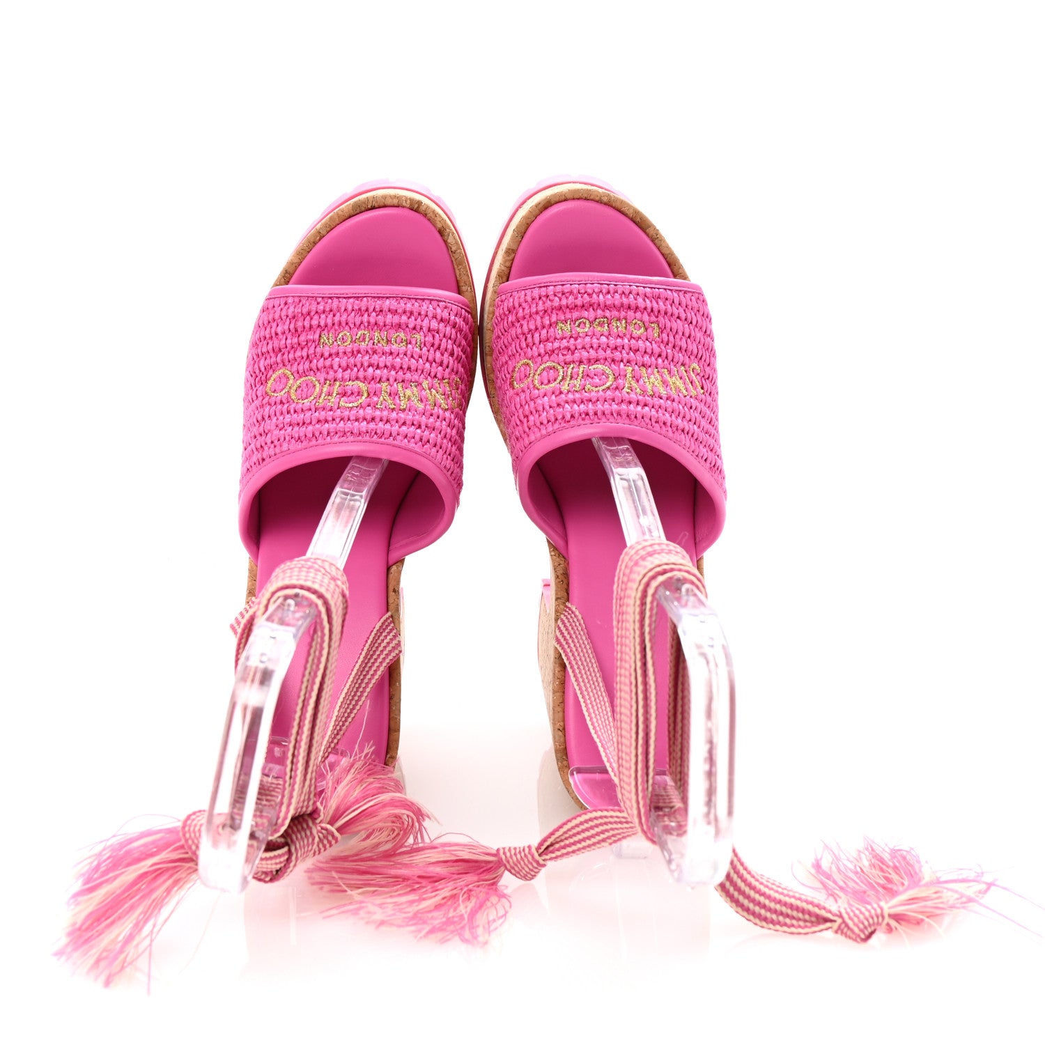 Jimmy Choo Raffia Embroidered Gal 130 Wedge Sandals 40 Fuchsia