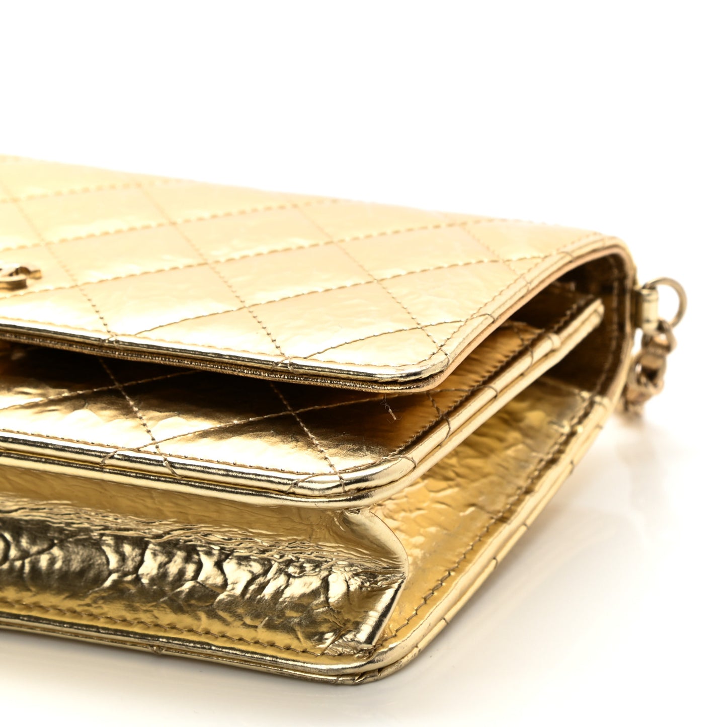Hammered Metallic Calfskin Quilted Wallet On Chain WOC Gold