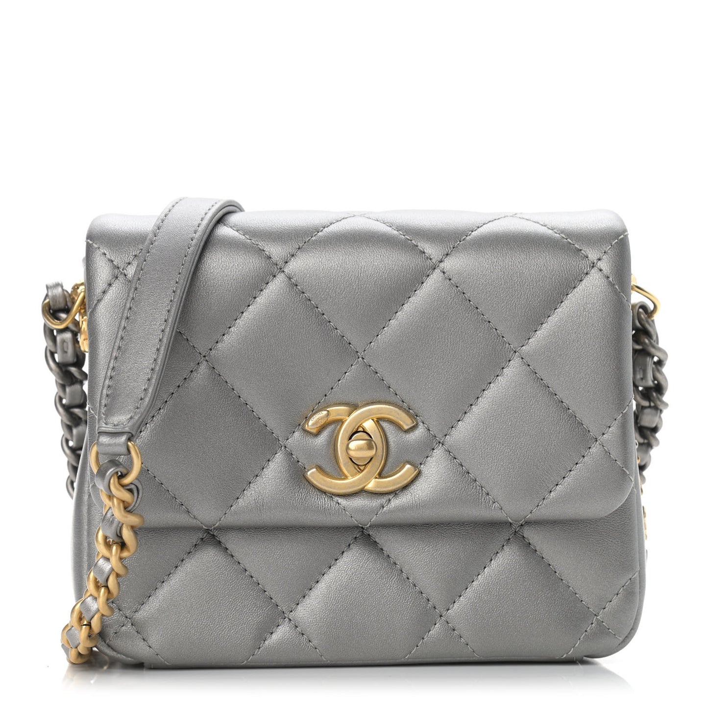 Metallic Lambskin Quilted Mini Side Note Flap Grey