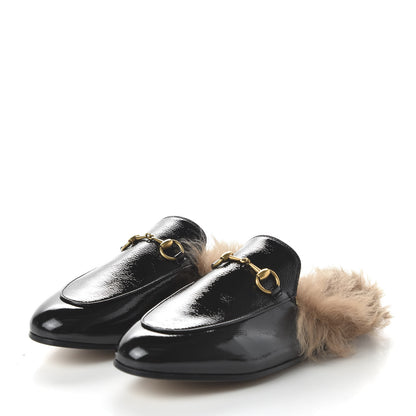 Gucci Patent Fur Womens Princetown Slippers 37 Black Natural 3 of 8