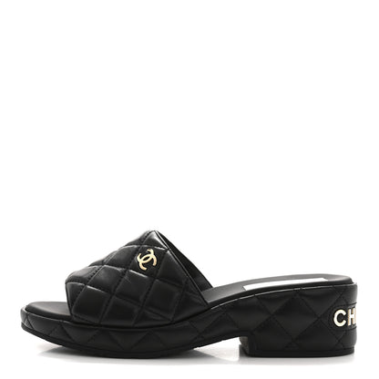 Chanel Lambskin Quilted CC Mules Wedge Sandals 40 Black 1 of 10