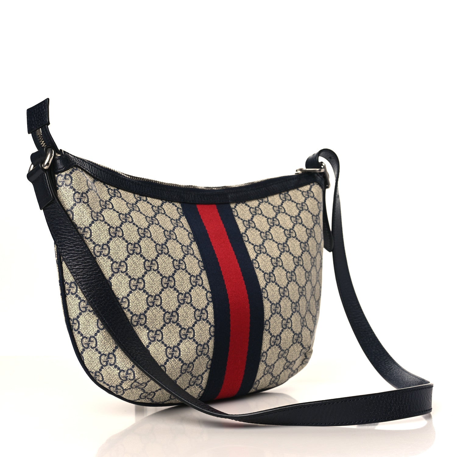 Gucci GG Supreme Monogram Textured Dollar Calfskin Web Small Ophidia Half Moon Hobo Beige Blue 3 of 9