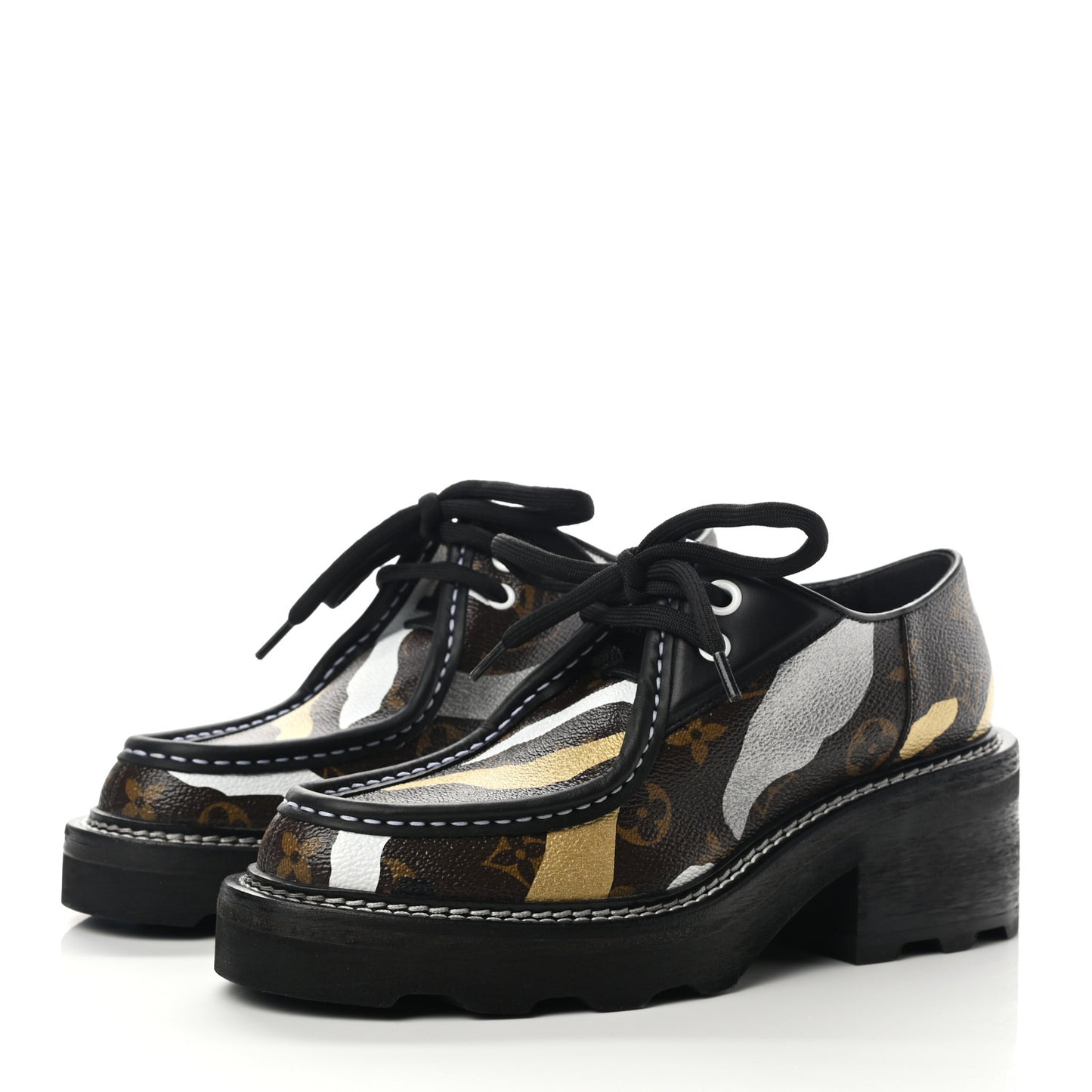 X LOL Monogram Calfskin Beaubourg Platform Derby Shoes 37.5 Gold Silver