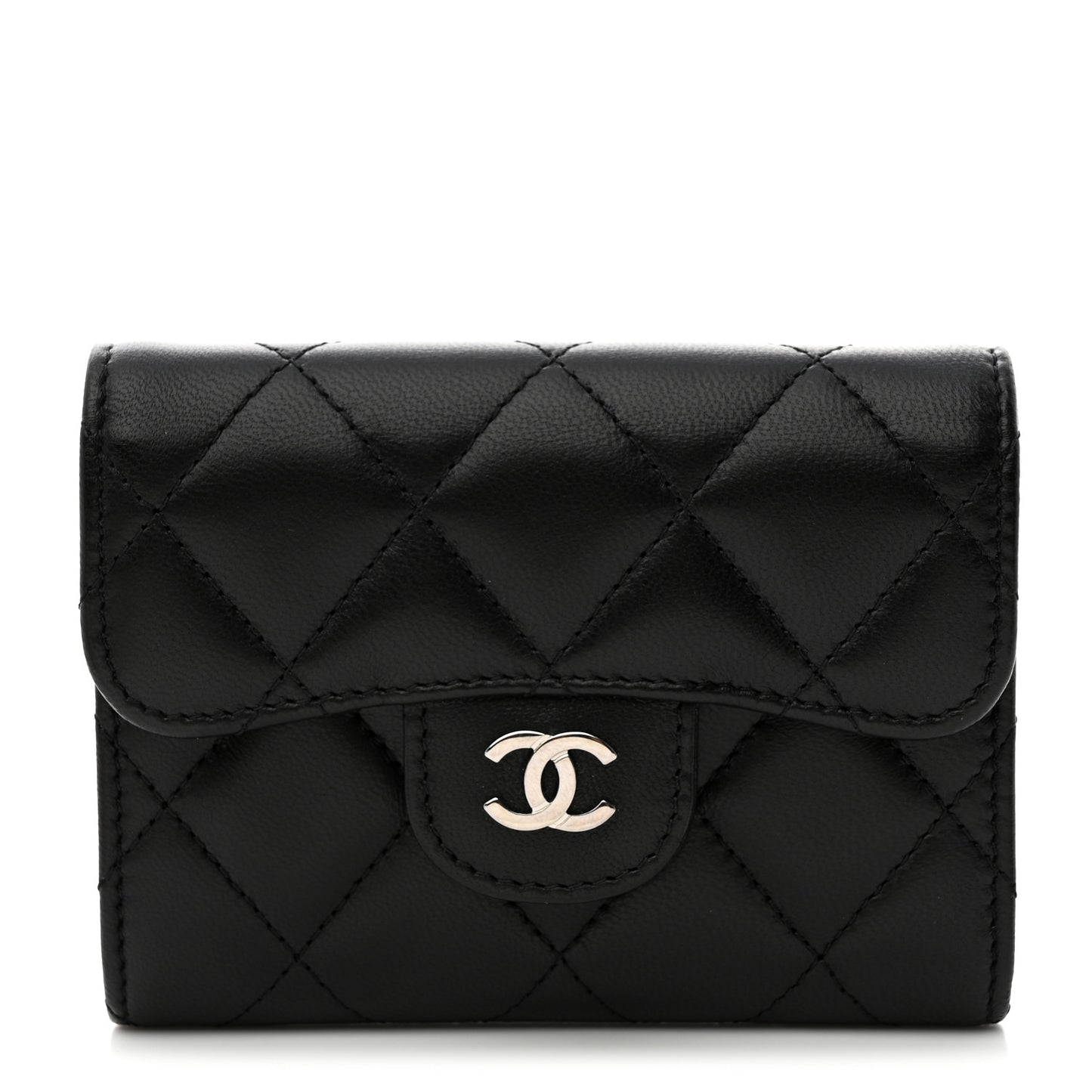 Lambskin Quilted Flap Card Holder Wallet Black