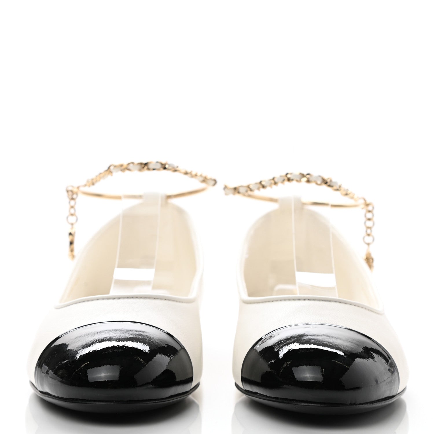 Chanel Lambskin Patent Calfskin Cap Toe Ankle Chain Ballerina Flats 36 White Black 2 of 9