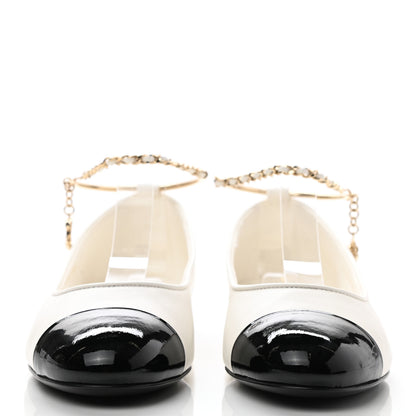 Chanel Lambskin Patent Calfskin Cap Toe Ankle Chain Ballerina Flats 36 White Black 2 of 9
