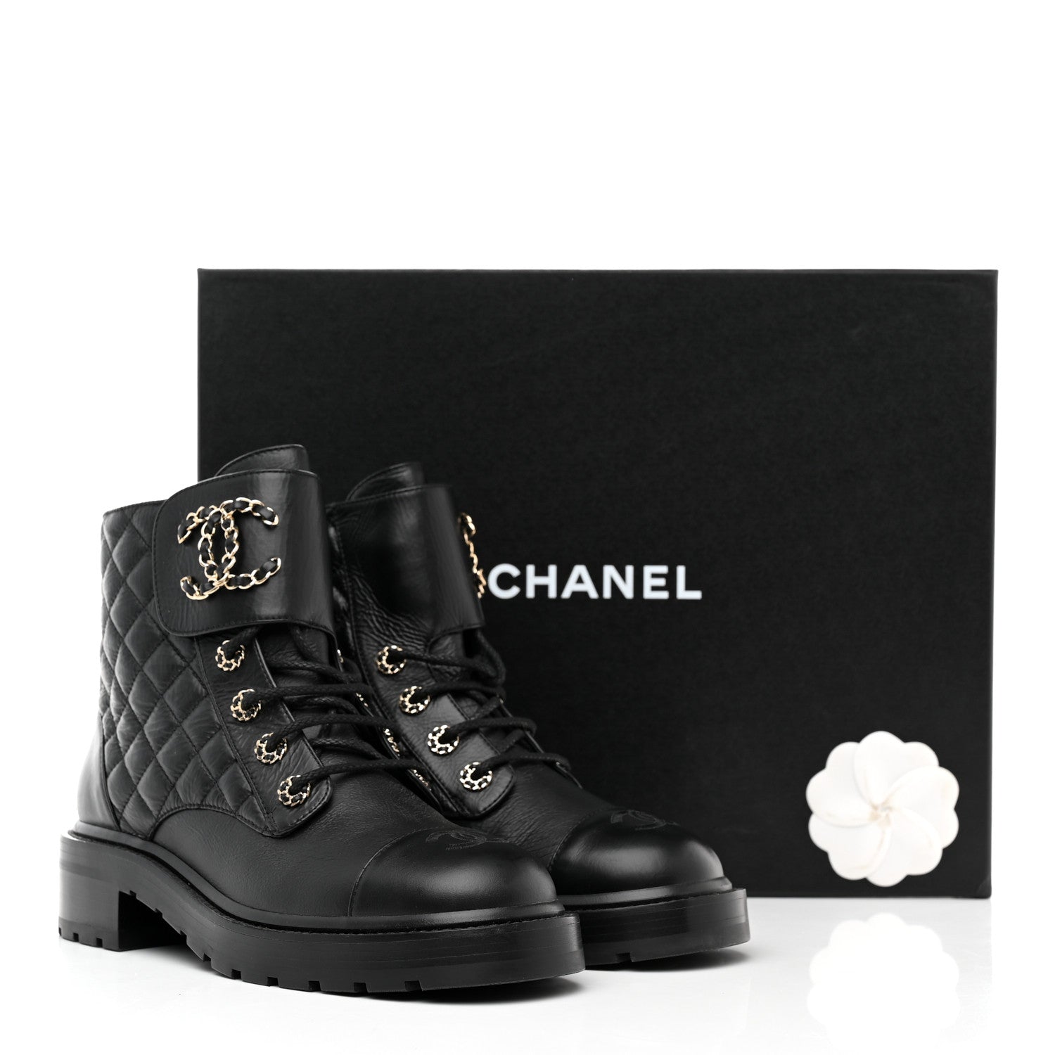 Chanel Shiny Goatskin Calfskin Quilted Lace Up Combat Boots 39 Black 9 of 9