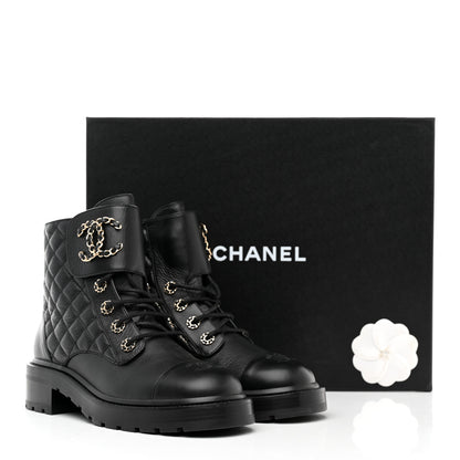 Chanel Shiny Goatskin Calfskin Quilted Lace Up Combat Boots 39 Black 9 of 9