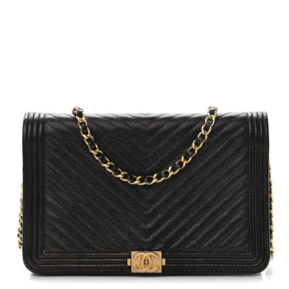 Chanel Caviar Chevron Quilted Boy Wallet On Chain WOC Black 1 of 10