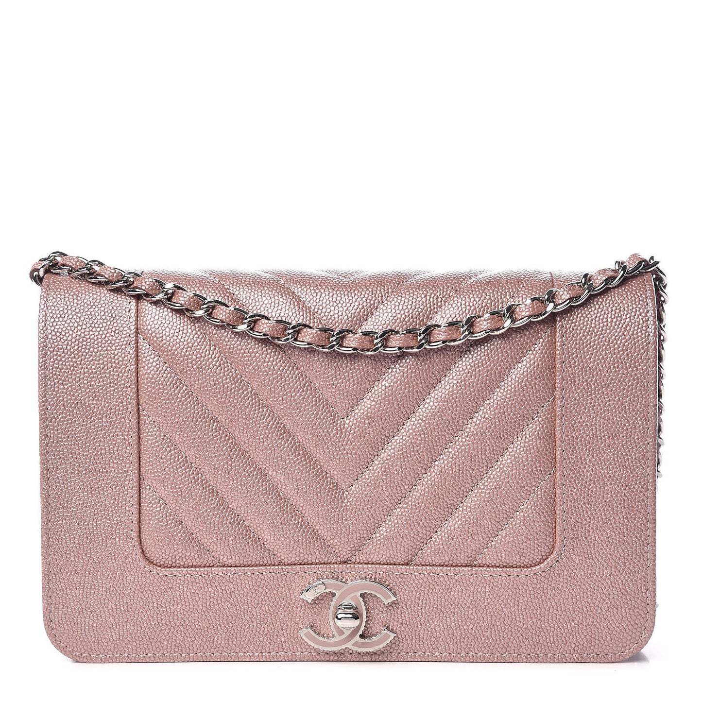 Metallic Caviar Chevron Quilted Vintage Mademoiselle Wallet On Chain WOC Pink