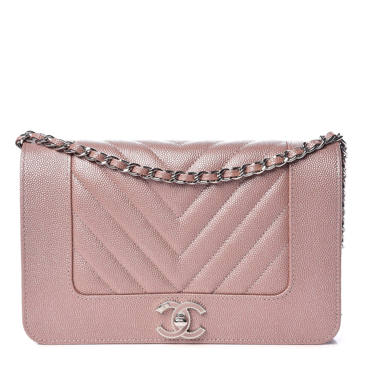 Chanel Metallic Caviar Chevron Quilted Vintage Mademoiselle Wallet On Chain WOC Pink 1 of 12
