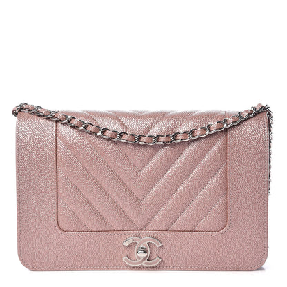 Chanel Metallic Caviar Chevron Quilted Vintage Mademoiselle Wallet On Chain WOC Pink 1 of 12