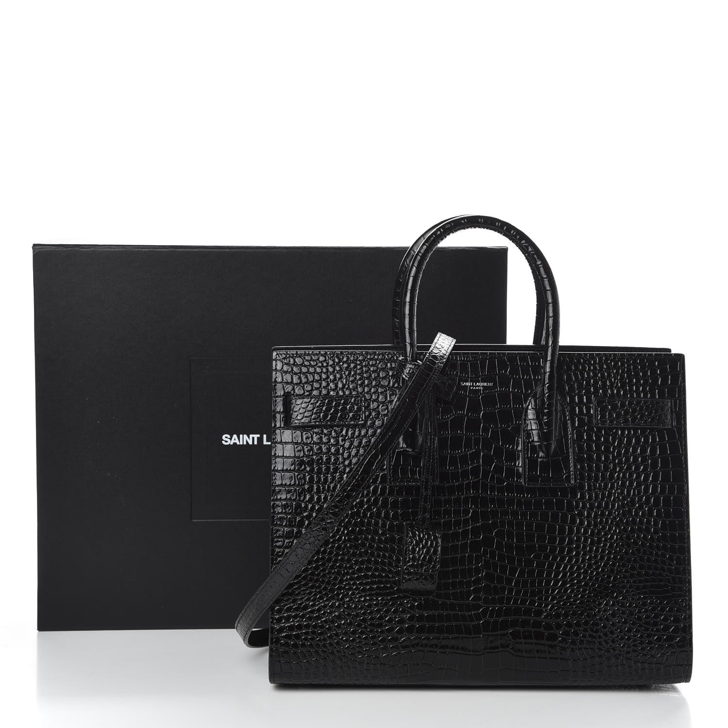 Saint Laurent Calfskin Crocodile Embossed Small Sac de Jour Black 10 of 10