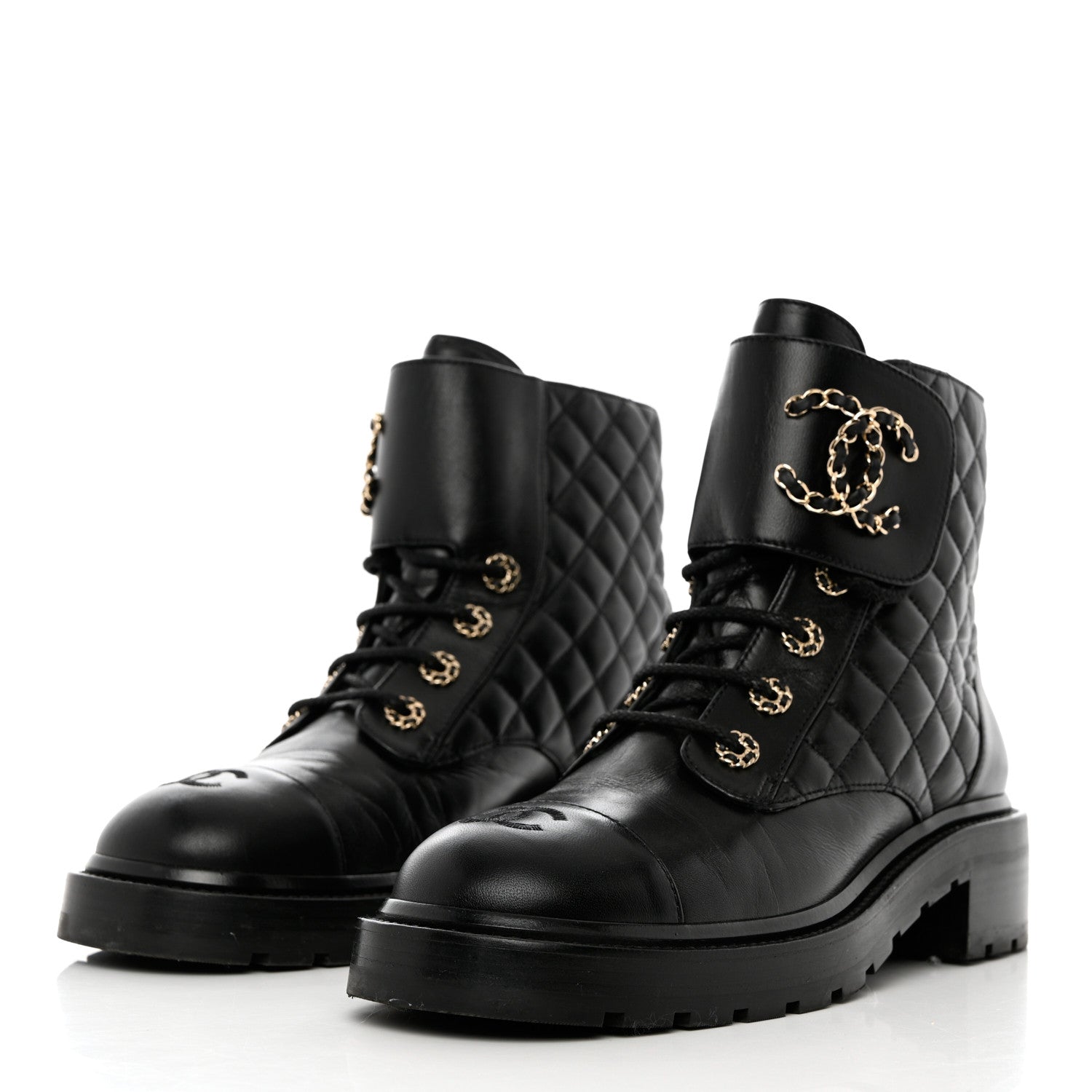 Chanel Shiny Calfskin Quilted Lace Up Combat Boots 41 Black 3 of 9