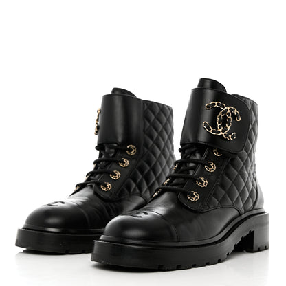 Chanel Shiny Calfskin Quilted Lace Up Combat Boots 41 Black 3 of 9