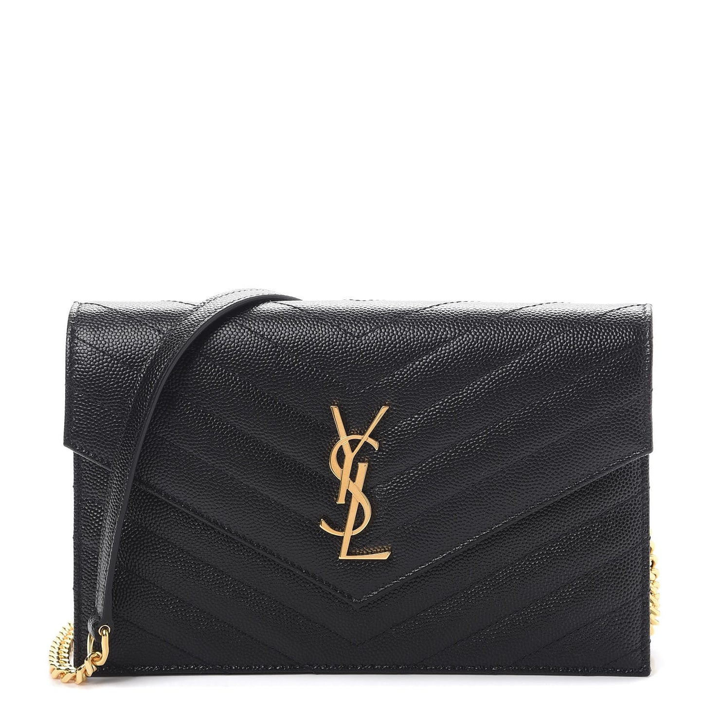 Grain De Poudre Matelasse Chevron Monogram Envelope Chain Wallet Black