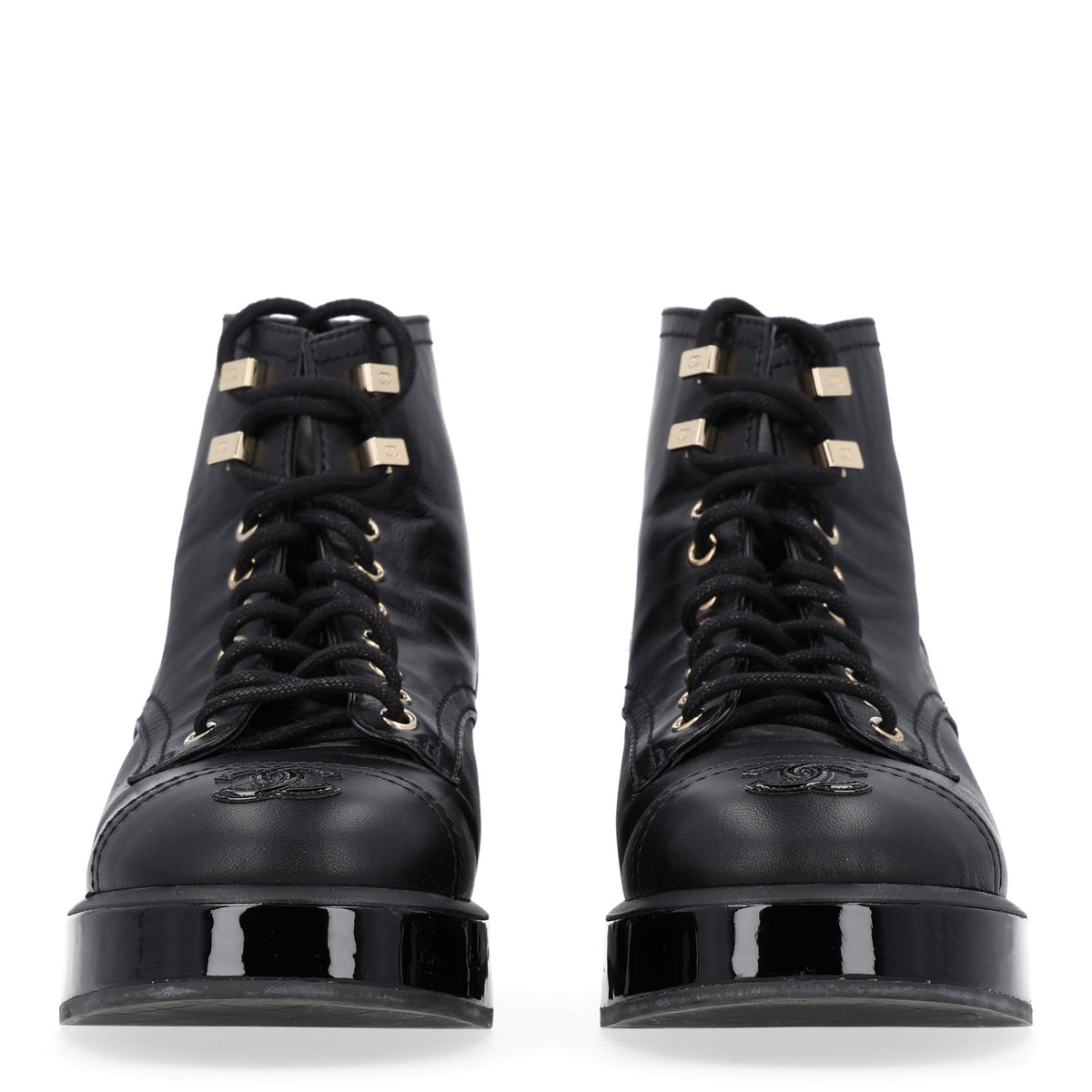 Chanel Shiny Calfskin Patent Lace Up Combat Short Boots 38.5 Black 3 of 10