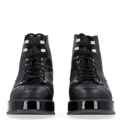 Chanel Shiny Calfskin Patent Lace Up Combat Short Boots 38.5 Black 3 of 10