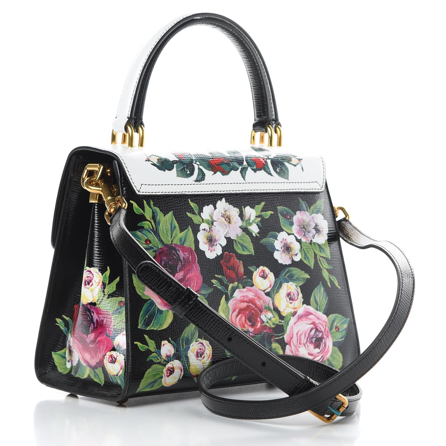 Dolce & Gabbana Grained Calfskin Floral Printed Medium Welcome Satchel Black White 3 of 12