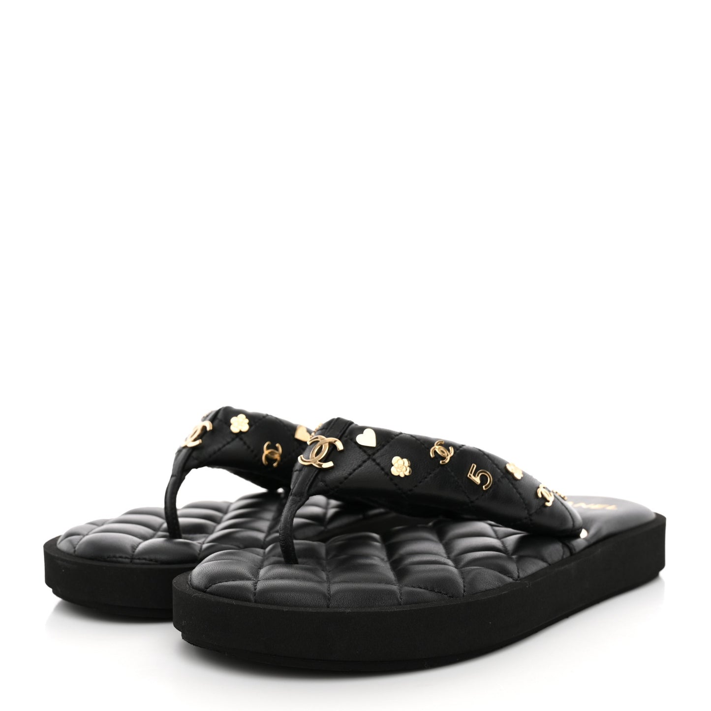 Lambskin Quilted Padded Charms Thong Sandals 38.5 Black
